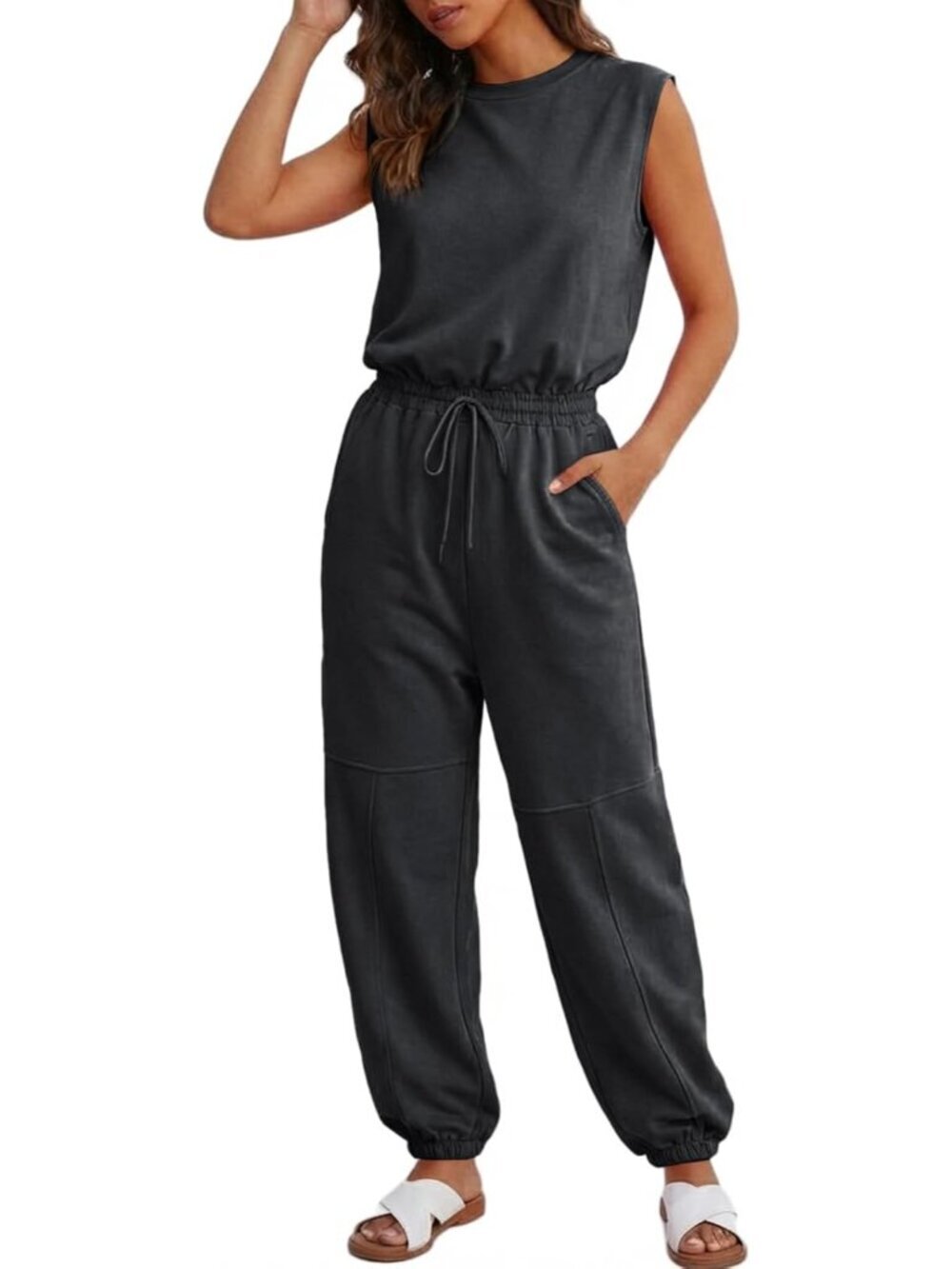 Women's Summer Long Jumpsuit Grey2 Round Neck Sleeveless Wide Leg with Pockets